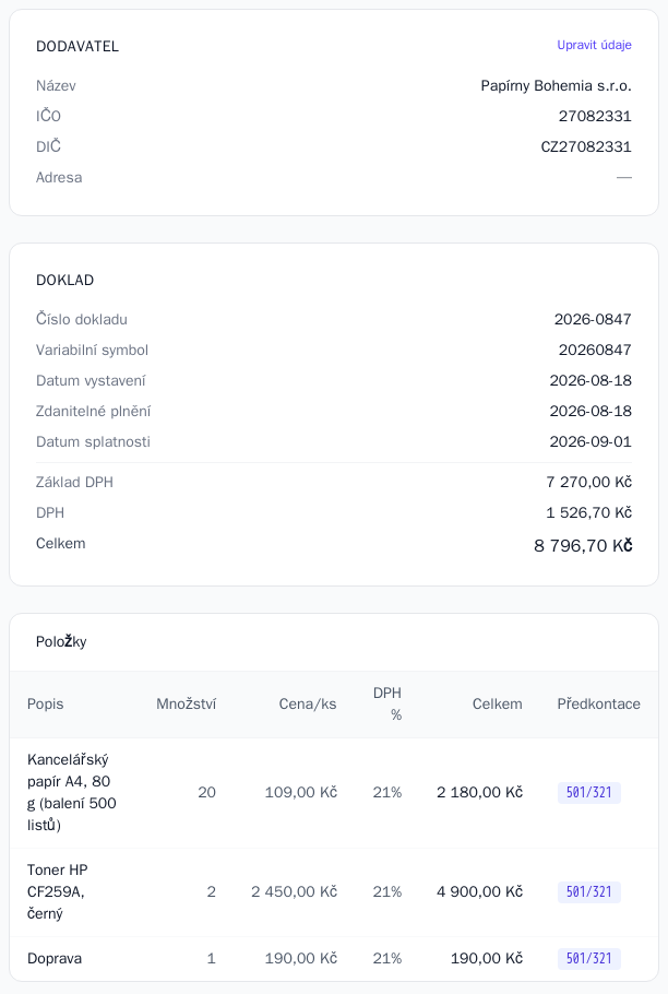 Vytěžená data u dodavatele, pro kterého už existuje pravidlo: karty Dodavatel, Doklad a Položky s vyplněnou předkontací